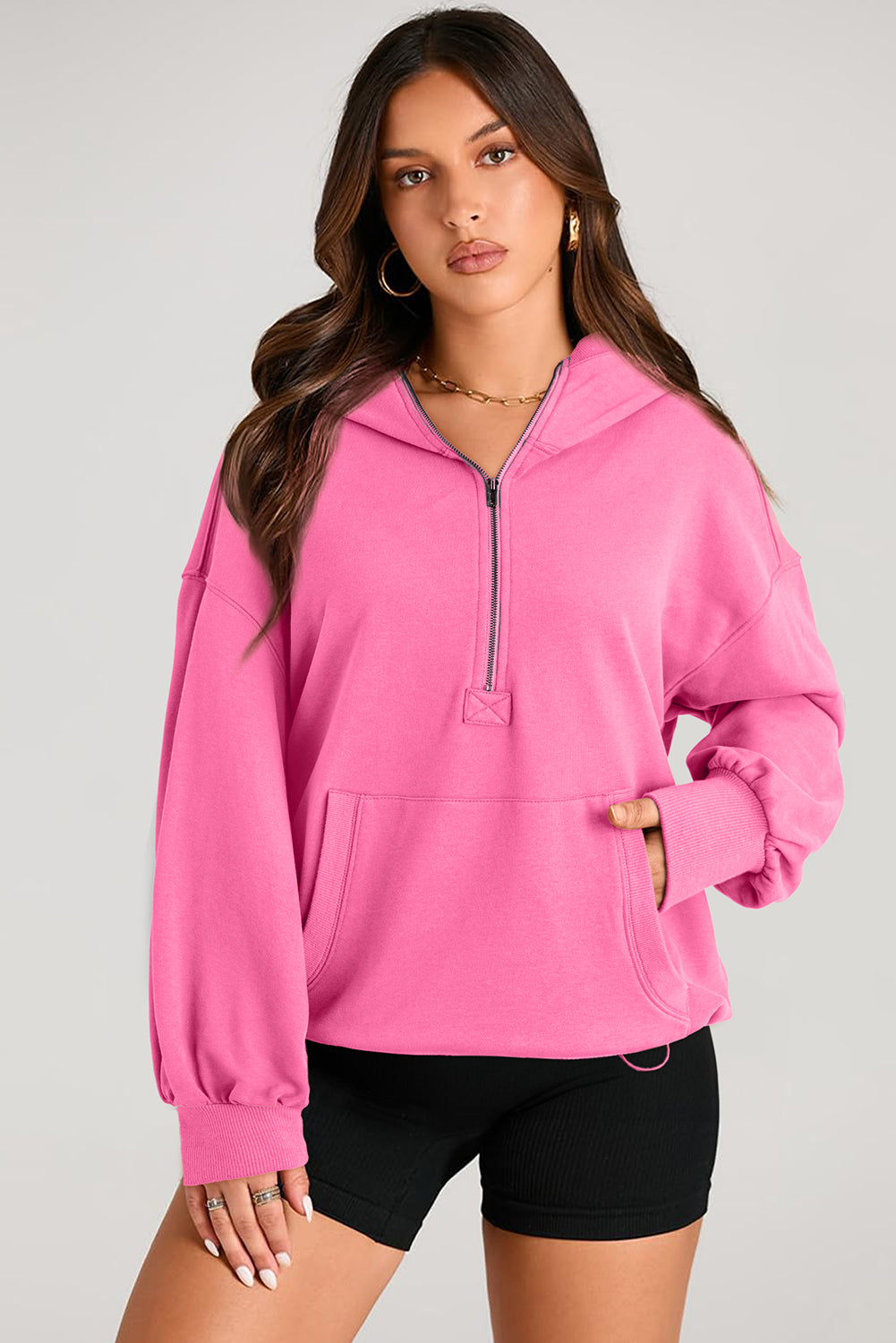 Pocketed Half Zip Long Sleeve Hoodie Fuchsia Pink Tops