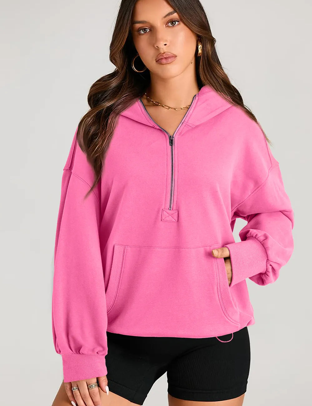 Fuchsia Pink Pocketed Half Zip Long Sleeve Hoodie | Hoodies Daverri Fashions