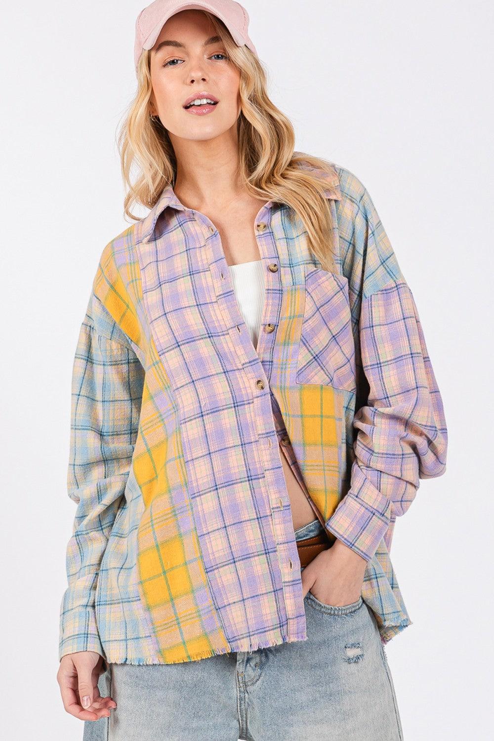 SAGE + FIG Button Up Raw Hem Plaid Flannel Shirt Lavender M Shirts