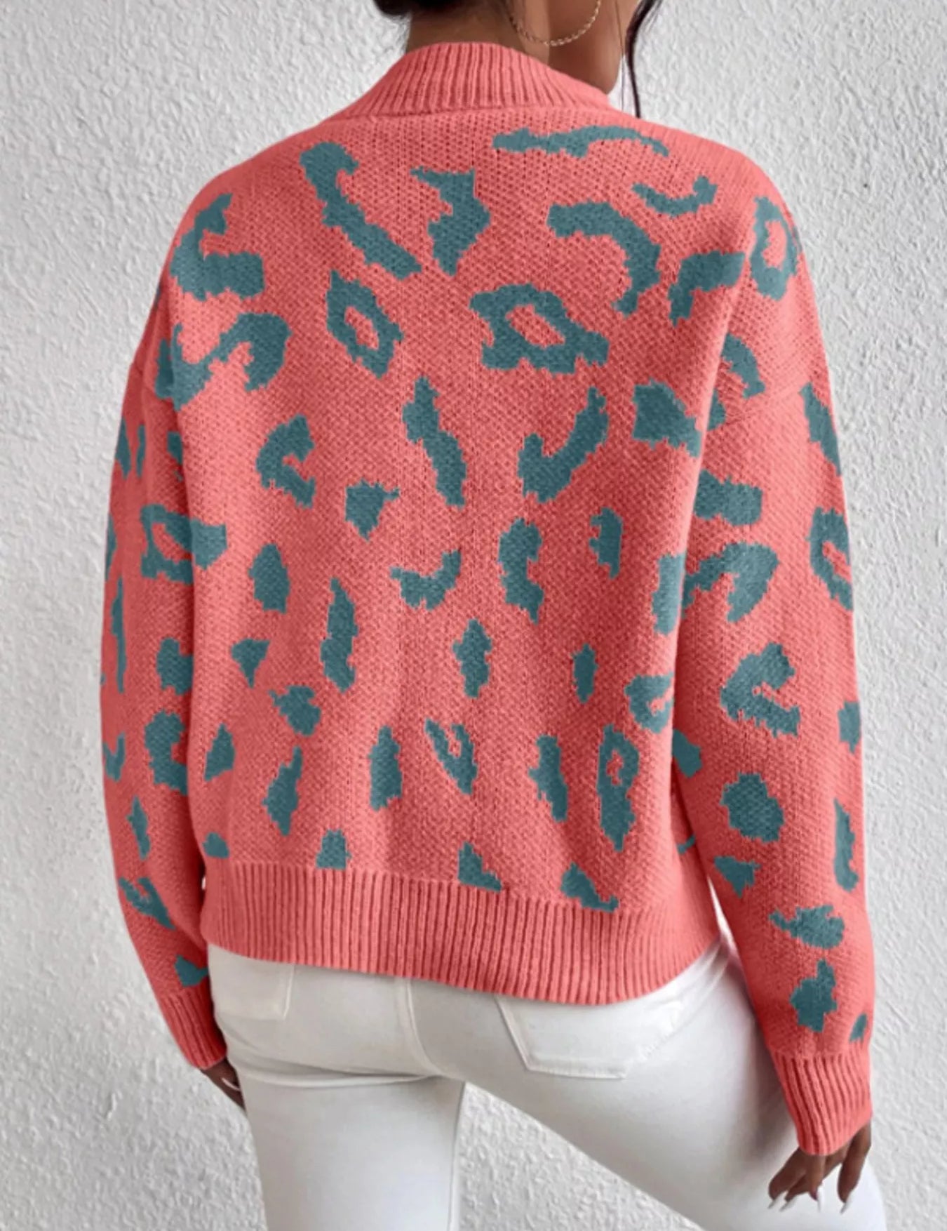 Coral leopard print ribbed mock neck sweater