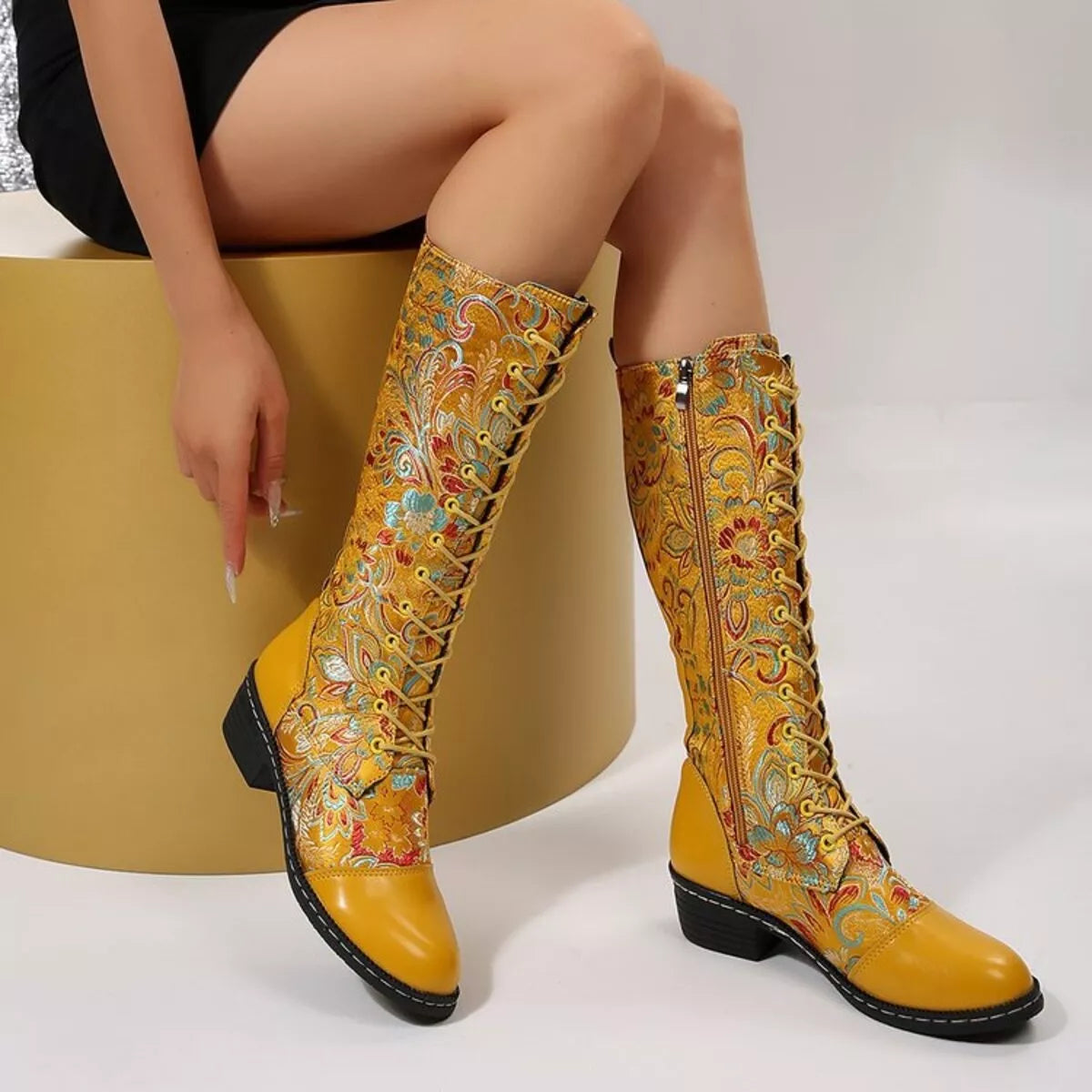 Yellow Lace Up Block Heels Boots | Boots Daverri Fashions