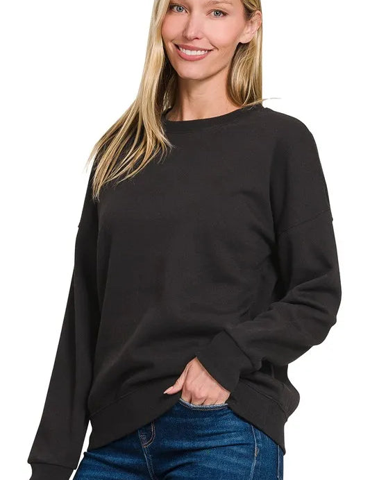 BLACK Zenana Full Size Fleece Drop Shoulder Sweatshirt Plus Size | Sweatshirts Daverri Fashions