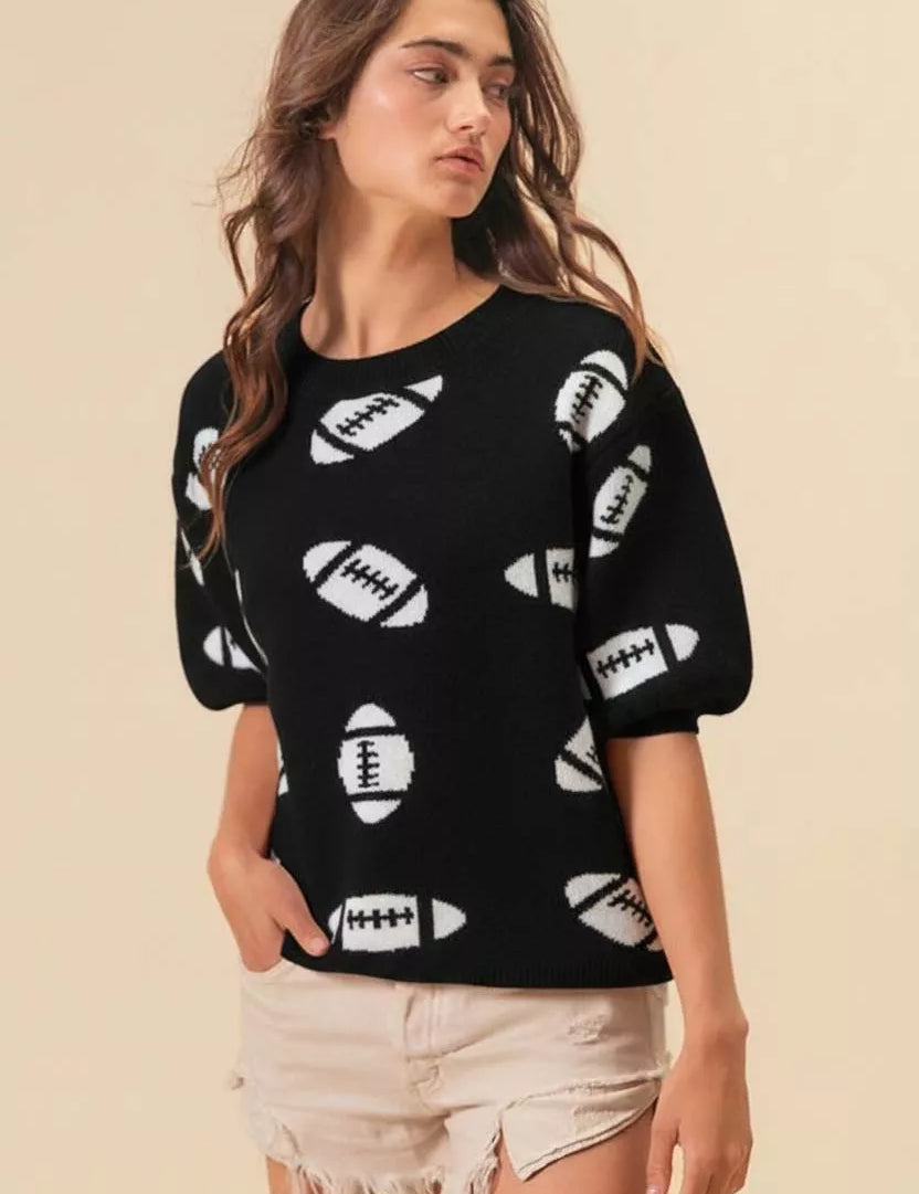 BLACK IVORY BiBi Football Pattern Short Sleeve Sweater | Daverri Fashions