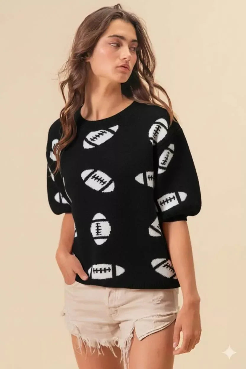 BiBi Football Pattern Short Sleeve Sweater - DAVERRI FASHIONS