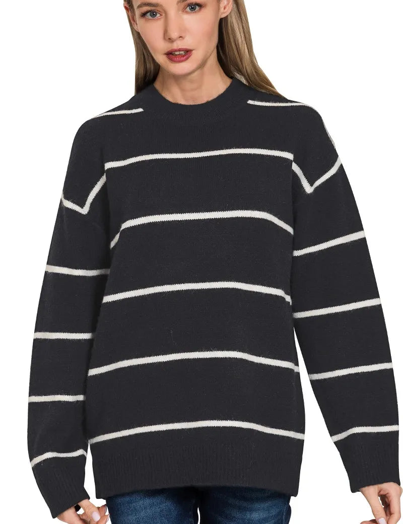 BLACK IVORY Zenana Round Neck Stripe Sweater | Sweaters Daverri Fashions
