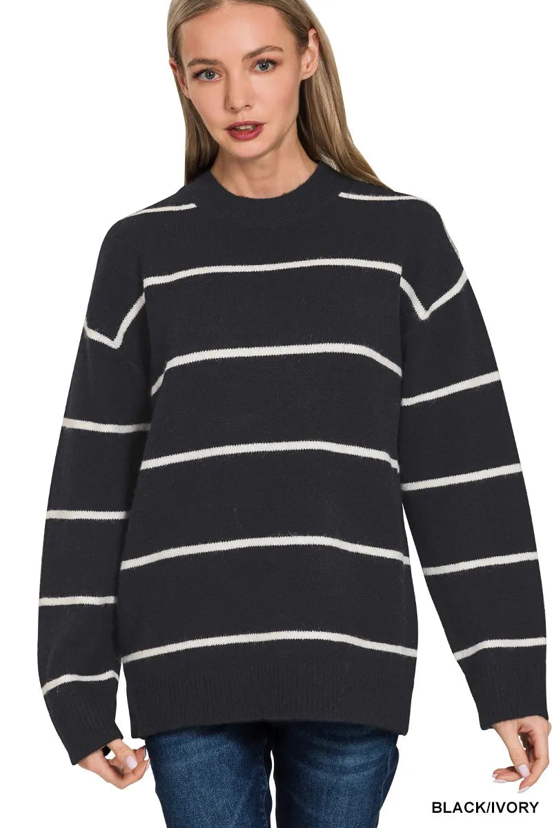 Zenana Round Neck Stripe Sweater BLACK IVORY Sweaters