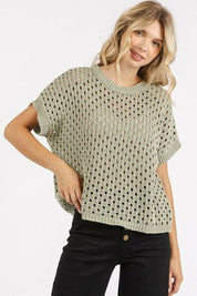 Mittoshop Mineral Wash Openwork Short Sleeve Knit Cover Up Green Tea