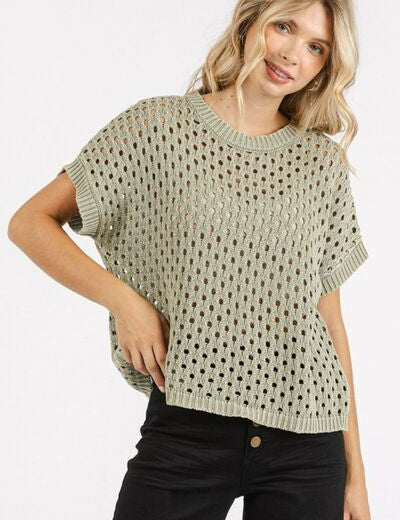 Mittoshop Mineral Wash Openwork Short Sleeve Knit Cover Up Green Tea