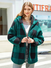 Green black plaid teddy bear hooded coat, soft material