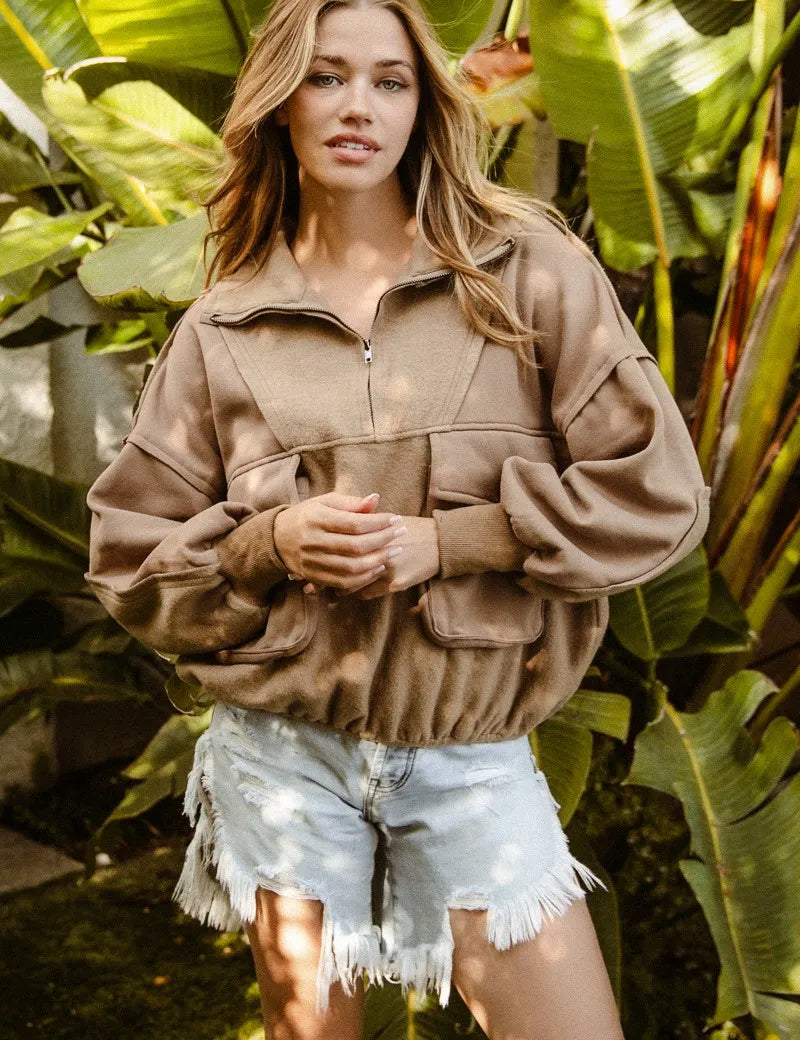 MOCHA BiBi Half Zip Vintage Washed Fleece Pullover | Outerwear Daverri Fashions