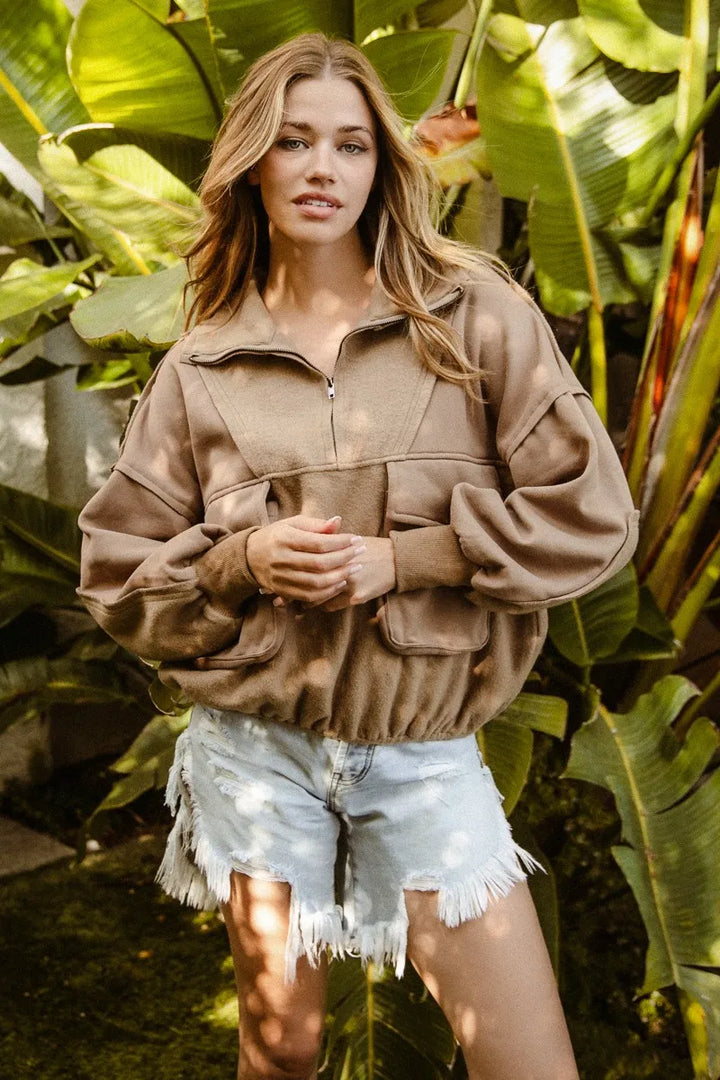 MOCHA BiBi Half Zip Vintage Washed Fleece Pullover | Daverri Fashions