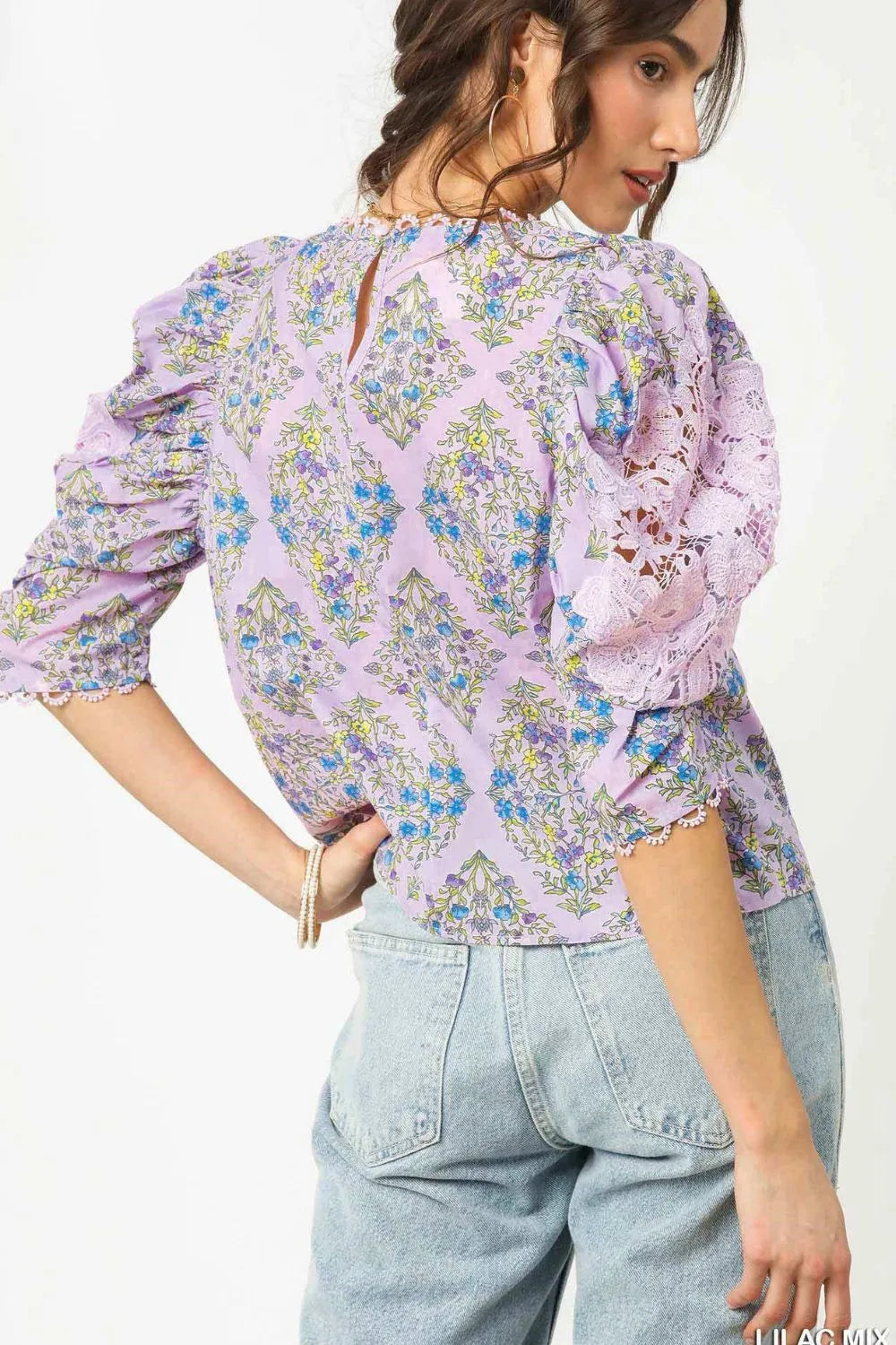 Umgee Printed Lace Puff Sleeve Blouse | Daverri Fashions