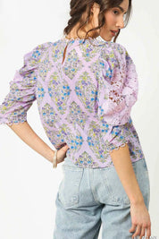 Umgee Printed Lace Puff Sleeve Blouse | Daverri Fashions