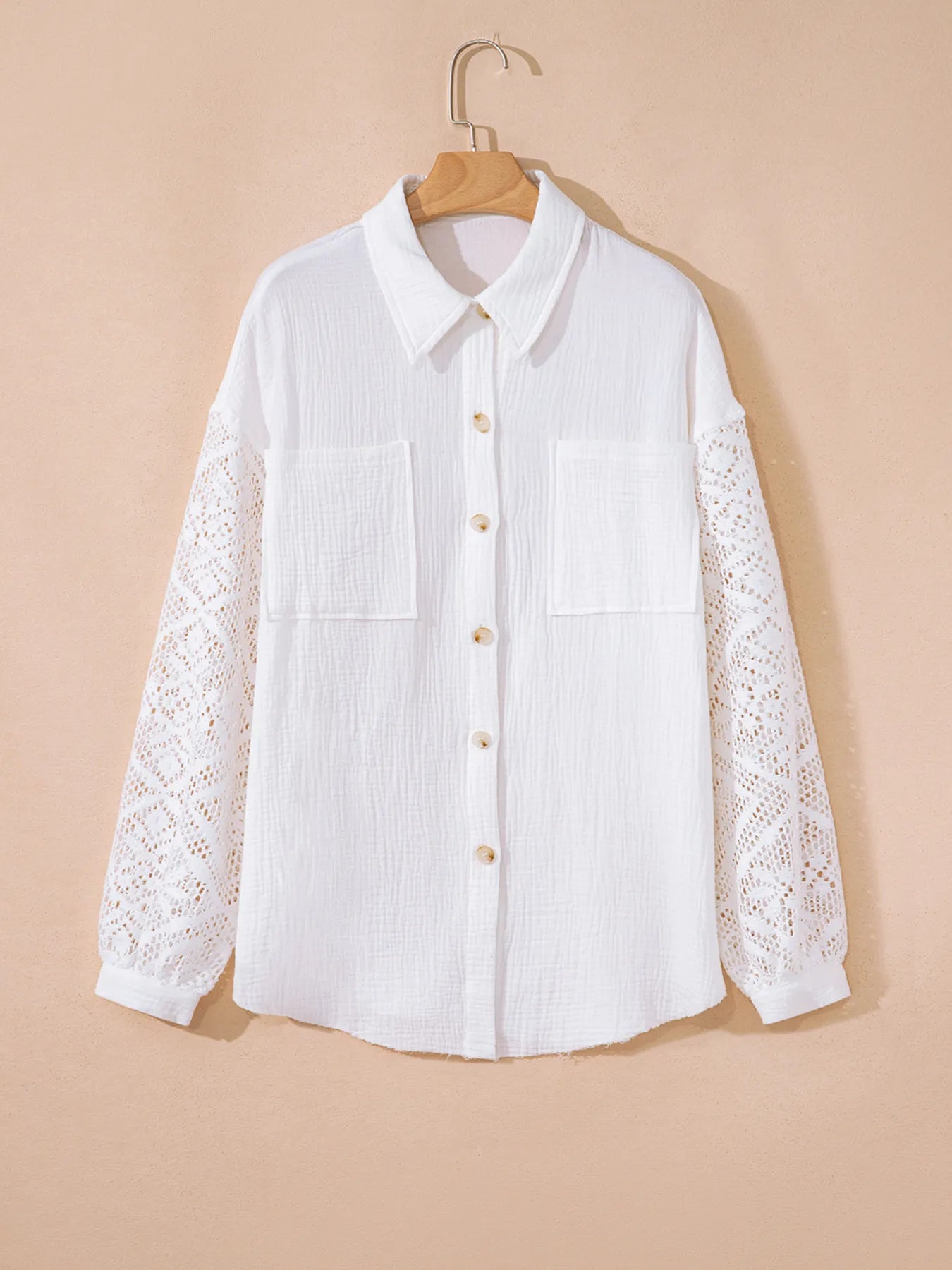 Women’s lace sleeve button down cotton shirt with sheer details