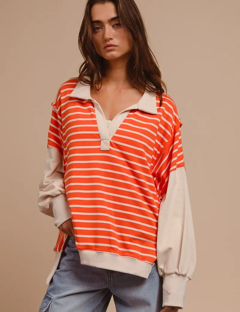BiBi Stripe Knit Loose Fit Top With Cut Edge Detail | Tops Daverri Fashions