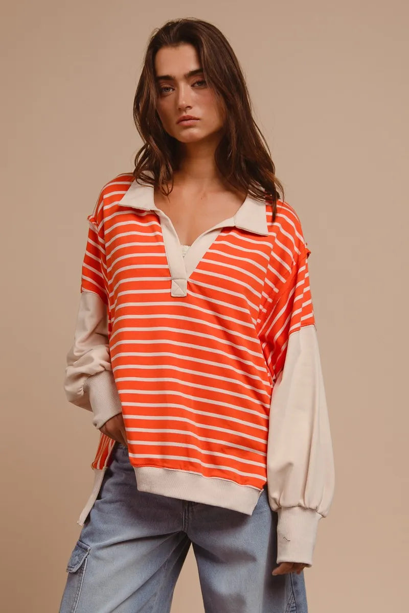 BiBi Stripe Knit Loose Fit Top With Cut Edge Detail Tops