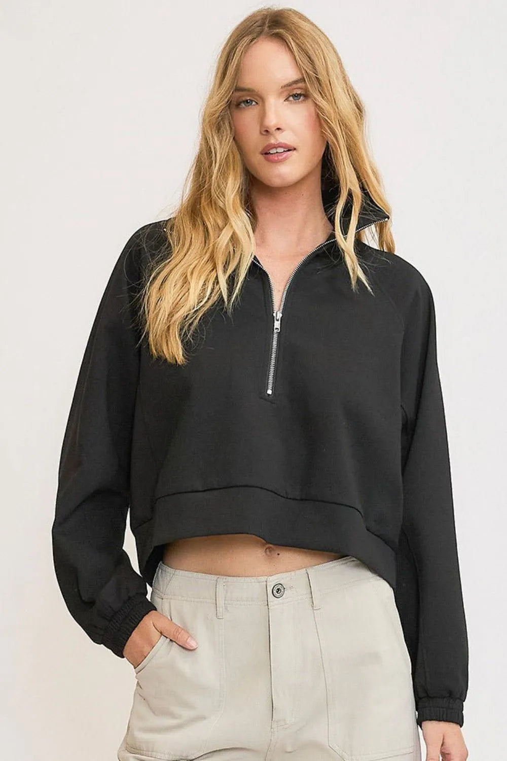 Umgee Full Size Half Zip Cropped Sweatshirt Plus Size Black