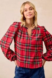 BiBi Christmas Plaid Balloon Sleeves Ruffled V-Neck Top | Daverri Fashions
