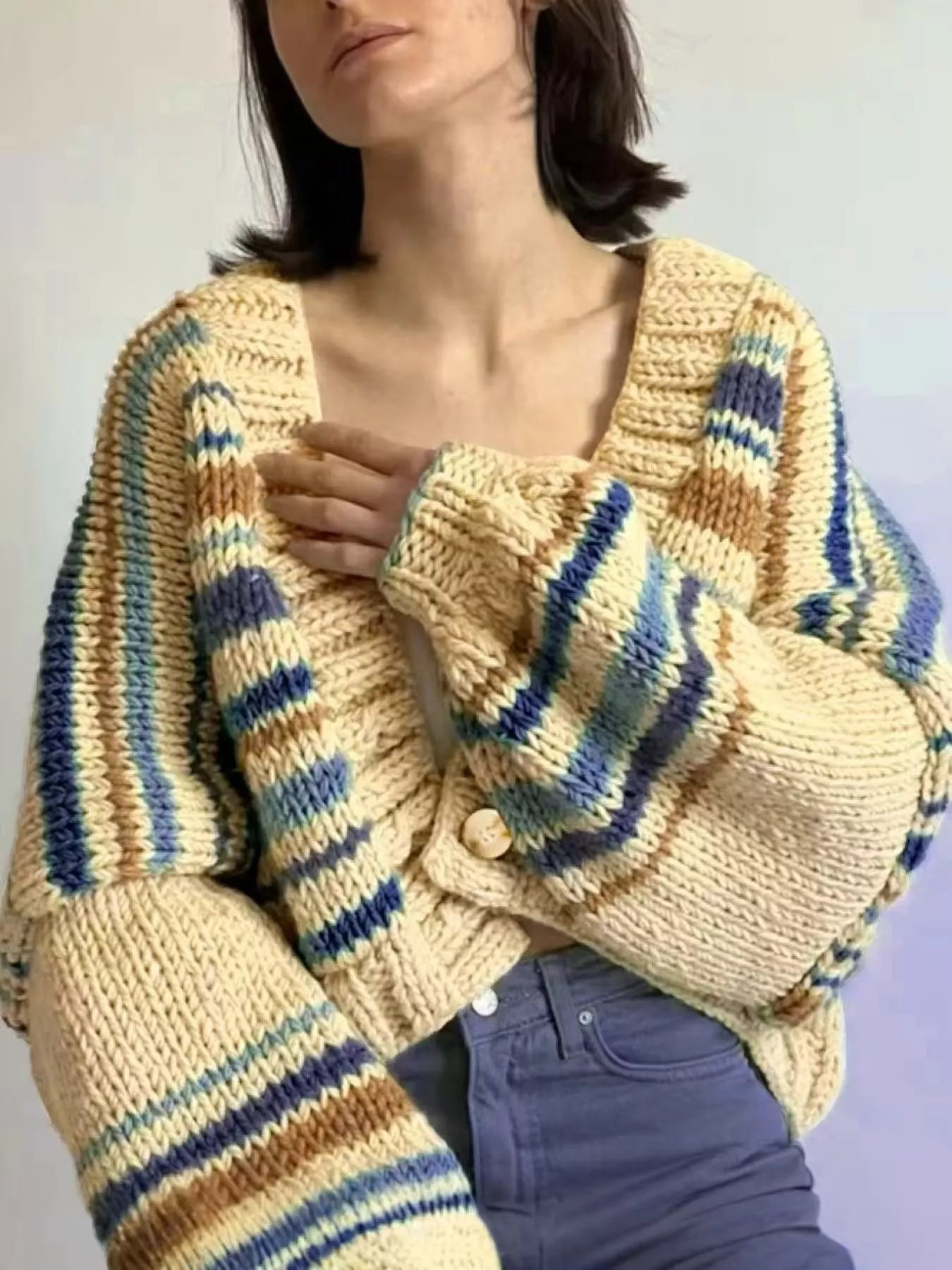 Cozy oversized chunky knit striped cropped cardigan in cream, blue, brown