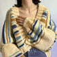 Cozy oversized chunky knit striped cropped cardigan in cream, blue, brown