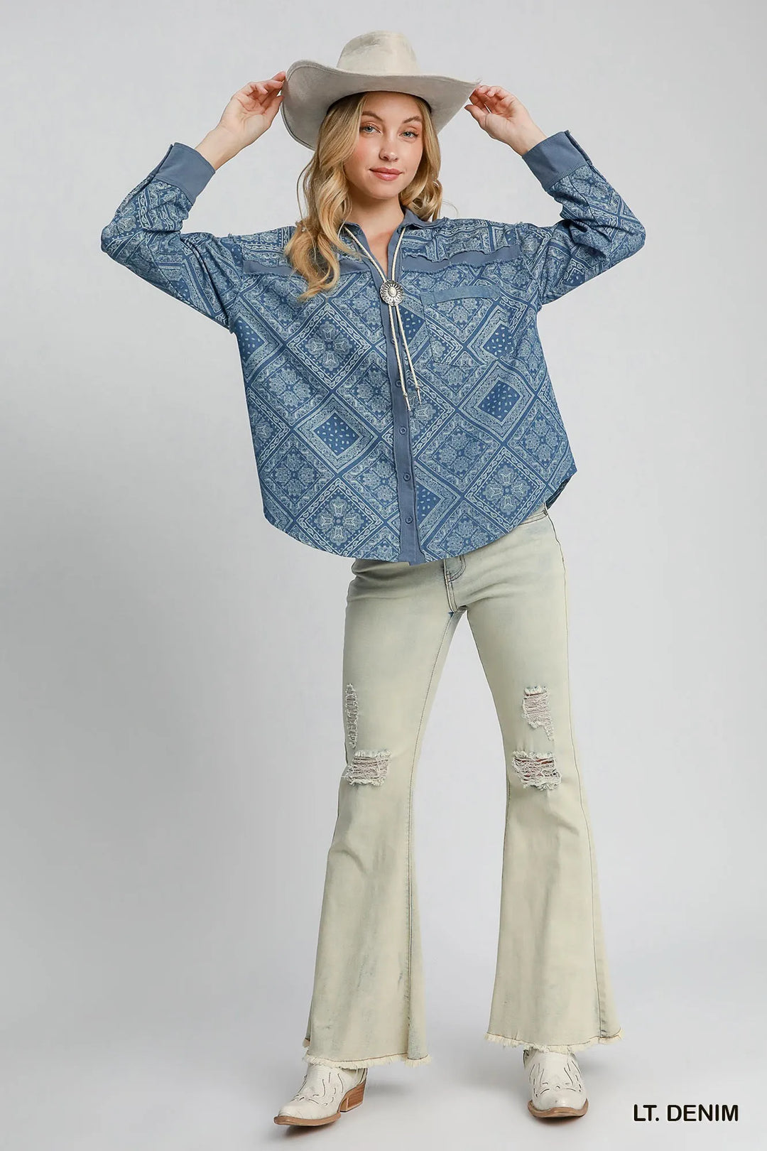 Umgee Paisley Print Denim Shirt Jacket Shackets
