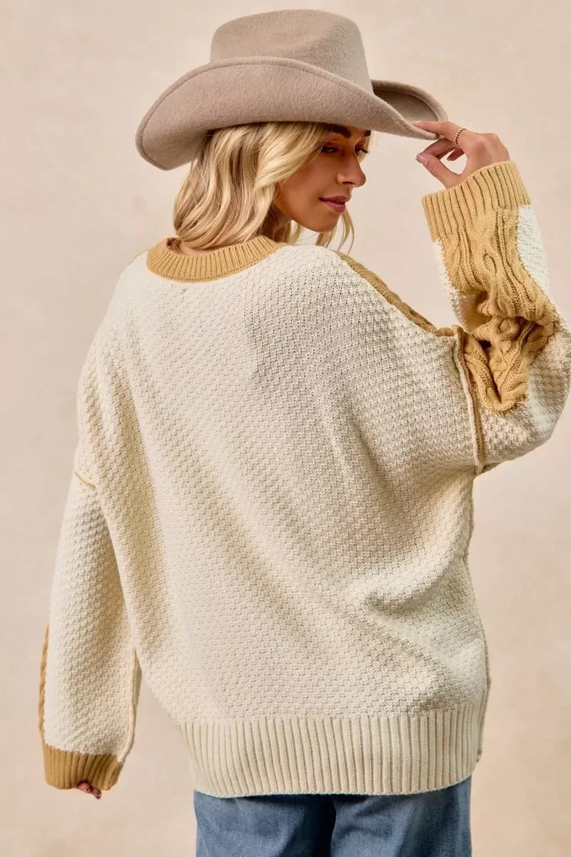 BiBi Cable Knit With Hacci Combo Sweater With Uneven Hem Detail - DAVERRI FASHIONS