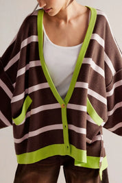 Contrast Stripes Button Down Long Sleeve Cardigan | Cardigans Daverri Fashions