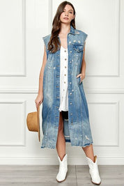 Veveret Full Size Distressed Sleeveless Longline Denim Jacket MEDWASH S