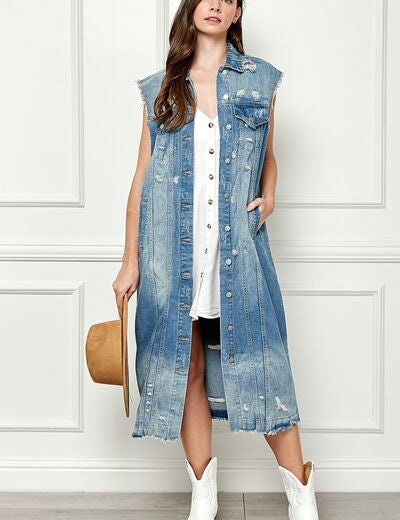 Veveret Full Size Distressed Sleeveless Longline Denim Jacket MEDWASH S