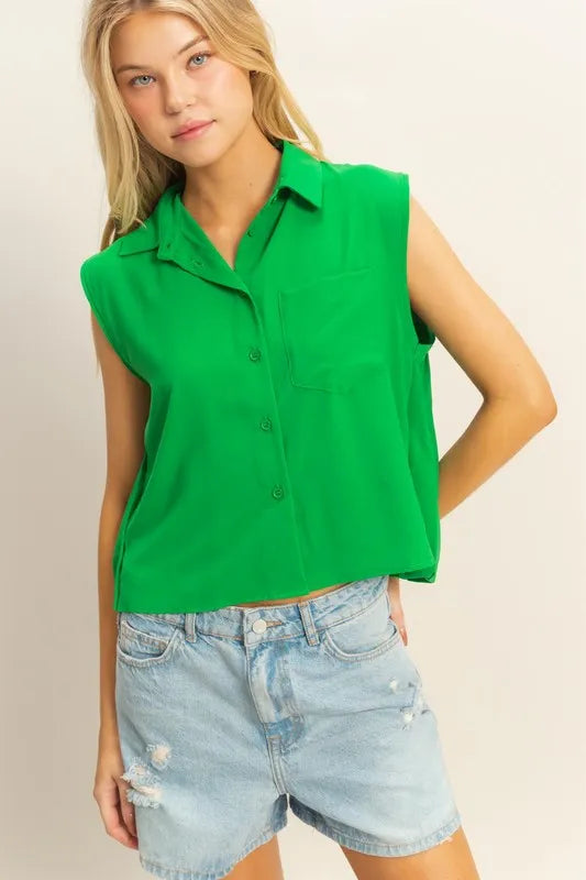 HYFVE Buttoned Front Sleeveless Collar Shirt KELLY GREEN