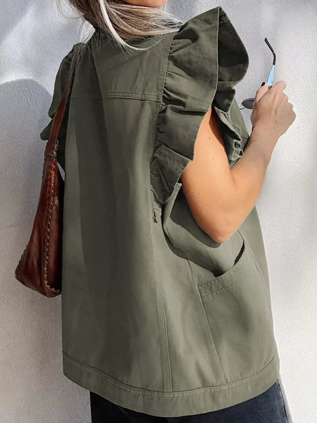 Ruffled Patchwork Denim Jacket Vest - DAVERRI FASHIONS