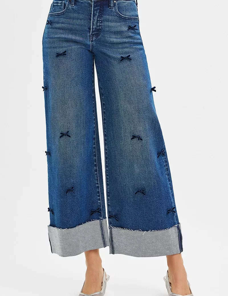 RISEN High Rise Crop Wide Leg Ribbon Detail Jeans | Jeans Daverri Fashions