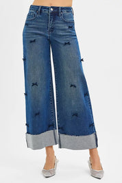RISEN High Rise Crop Wide Leg Ribbon Detail Jeans | Jeans Daverri Fashions
