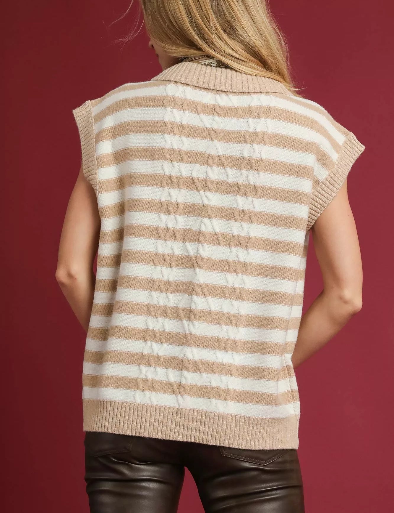 Umgee Cable Knit Collared Striped Vest Sweater | Daverri Fashions