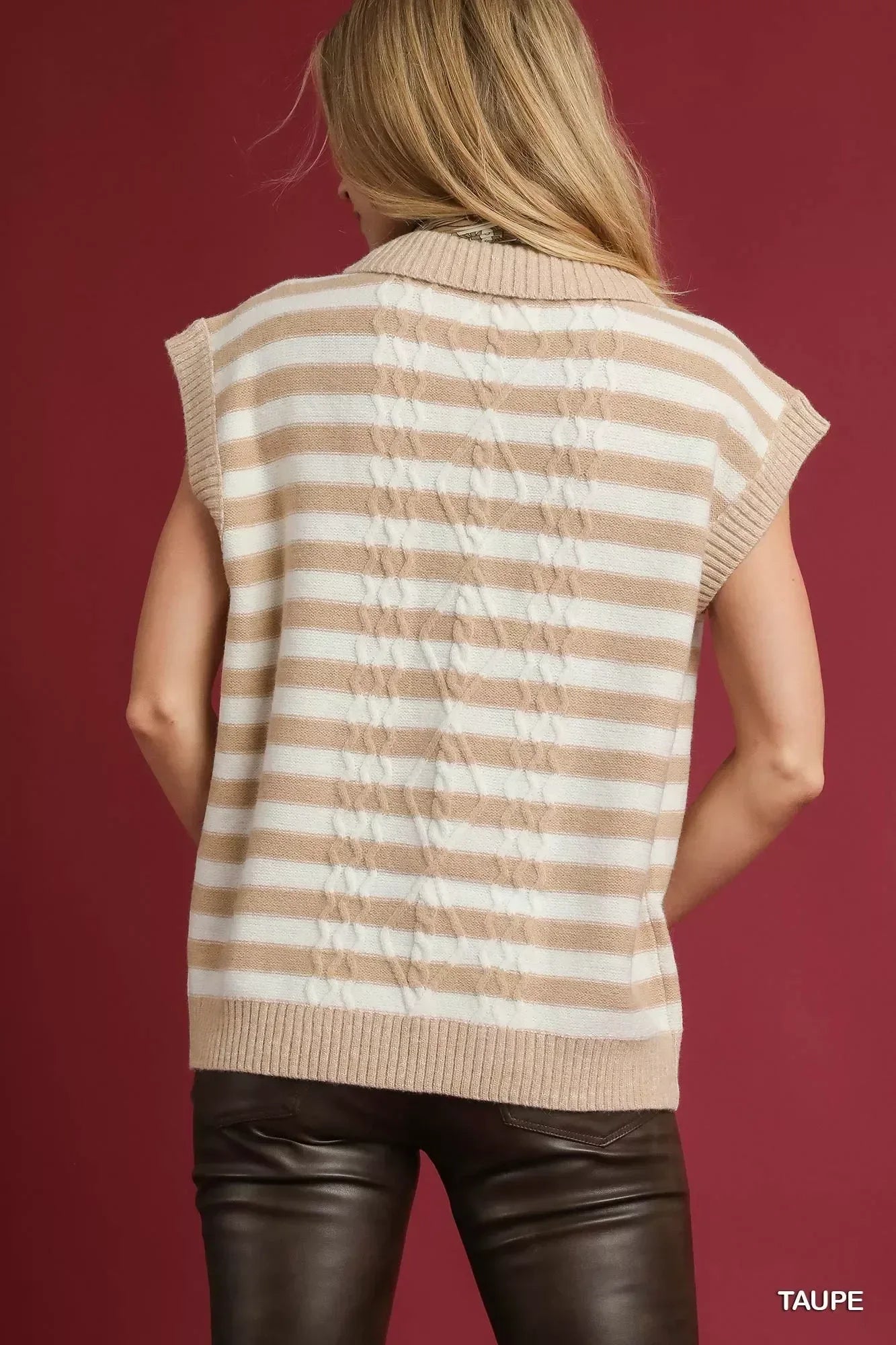Umgee Cable Knit Collared Striped Vest Sweater - DAVERRI FASHIONS