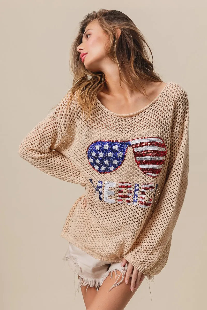 BiBi Sequin American Flag Sunglasses Knit Top Tops