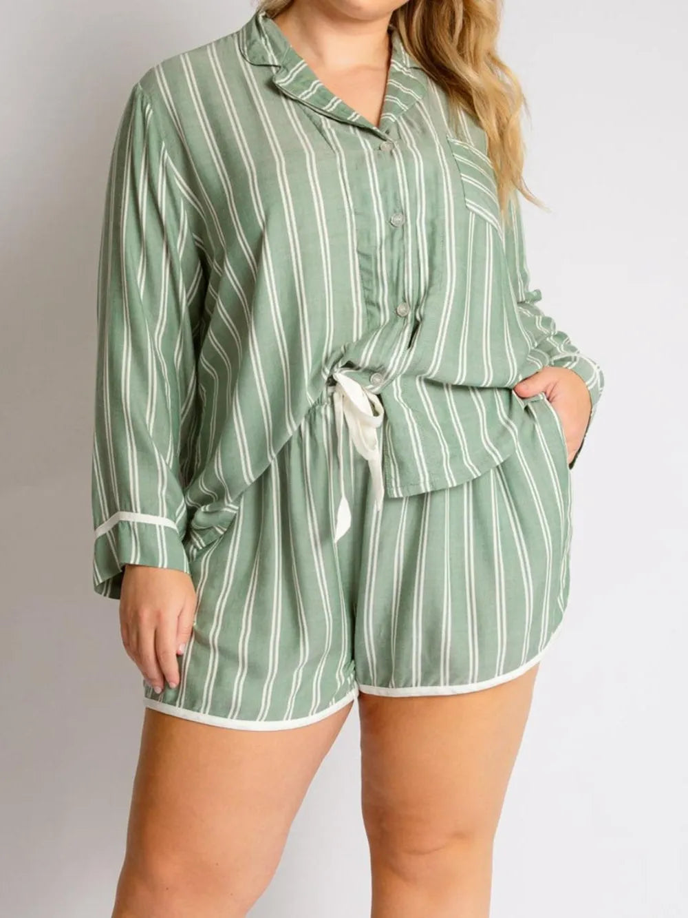 Sage Striped Collared Neck Long Sleeve Top and Shorts Lounge Set | Loungewear Sets Daverri Fashions