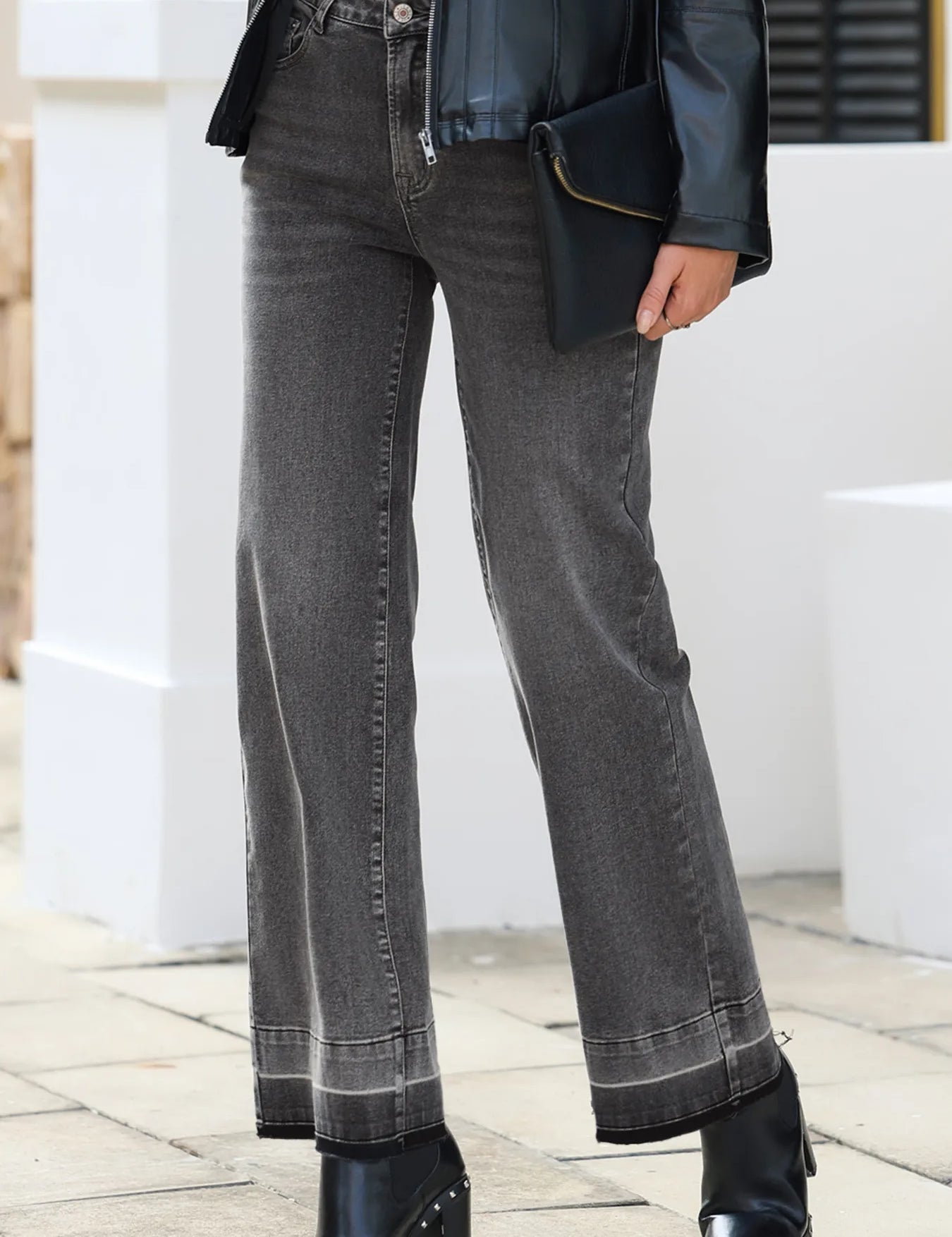 Daverri Fashions charcoal gray raw hem straight high rise jeans