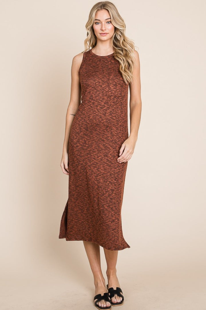 BOMBOM Slit Round Neck Sleeveless Midi Dress Rust
