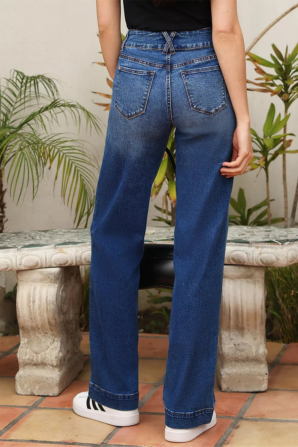Daverri double button zip fly straight leg jeans in blue denim with high-rise waist