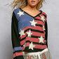 Woman in POL Double Gauze American Flag Patch V-Neck Long Sleeve T-Shirt