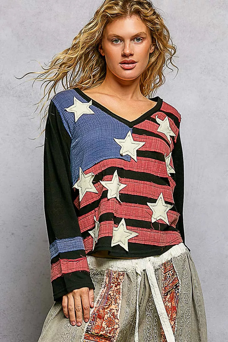 Woman in POL Double Gauze American Flag Patch V-Neck Long Sleeve T-Shirt