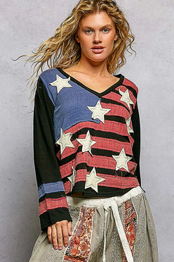 Woman in POL Double Gauze American Flag Patch V-Neck Long Sleeve T-Shirt