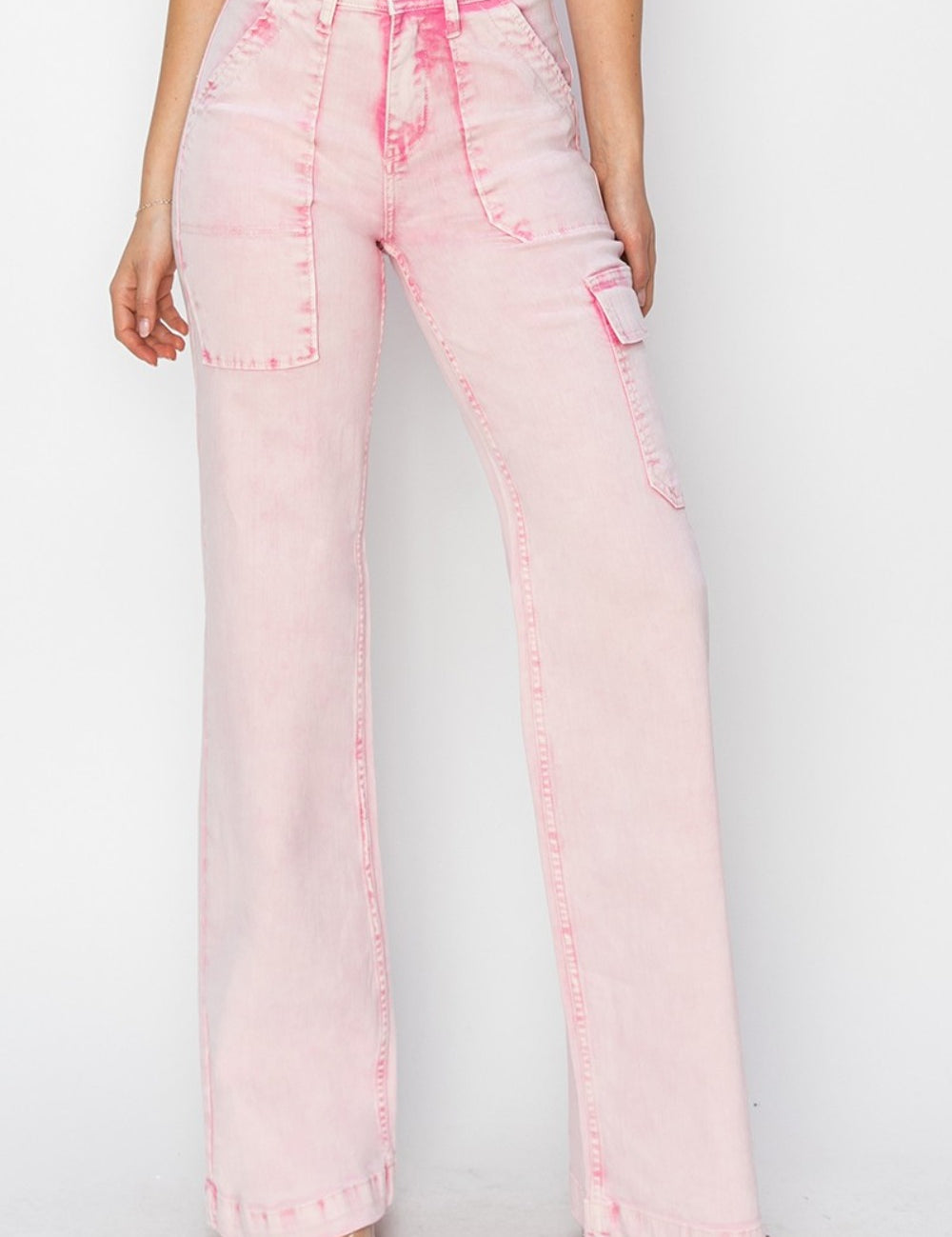 RISEN Full Size High Rise Cargo Pocket Jeans Acid Pink Jeans