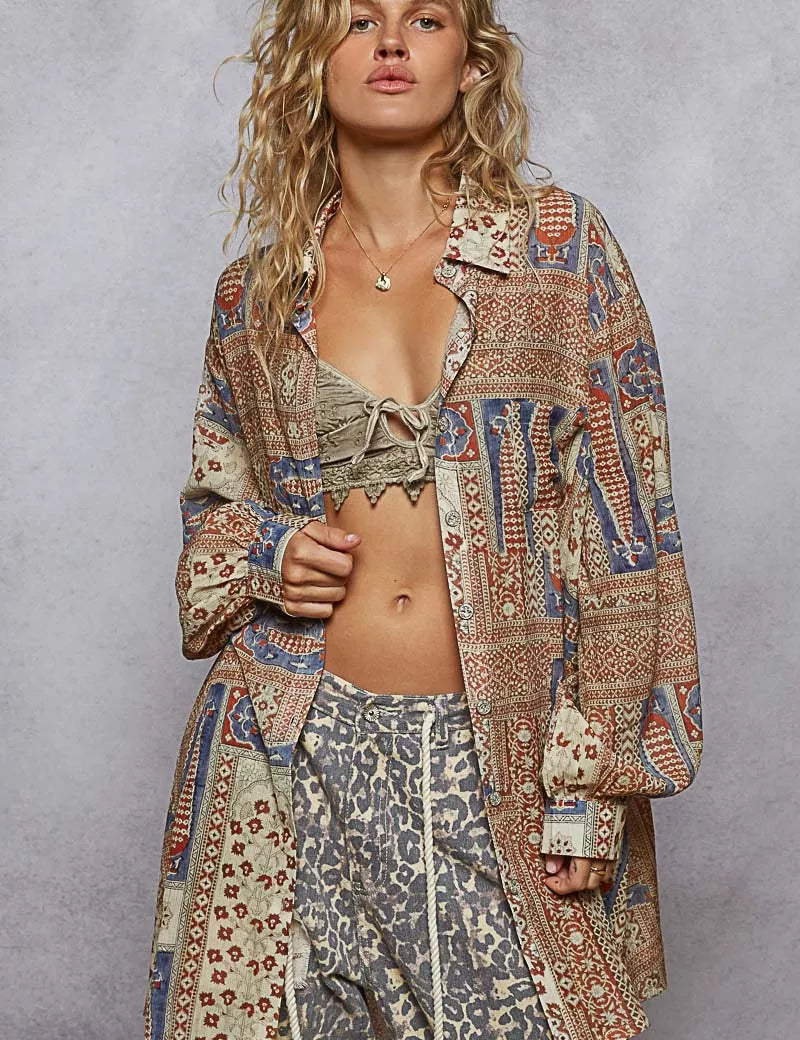 POL Printed Button Down Balloon Sleeve Shirt | Shirts Daverri Fashions