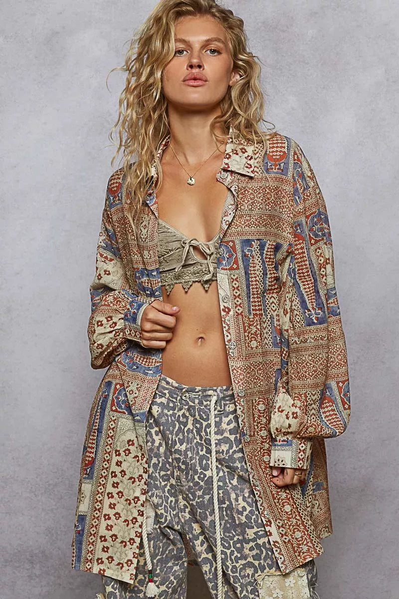 POL Printed Button Down Balloon Sleeve Shirt | Shirts Daverri Fashions