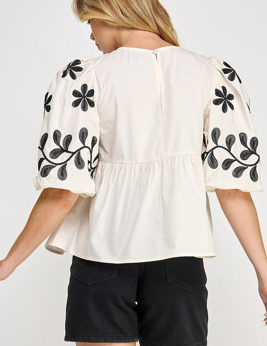 SAGE+FIG Puff-Sleeve Embroidered Peplum Blouse