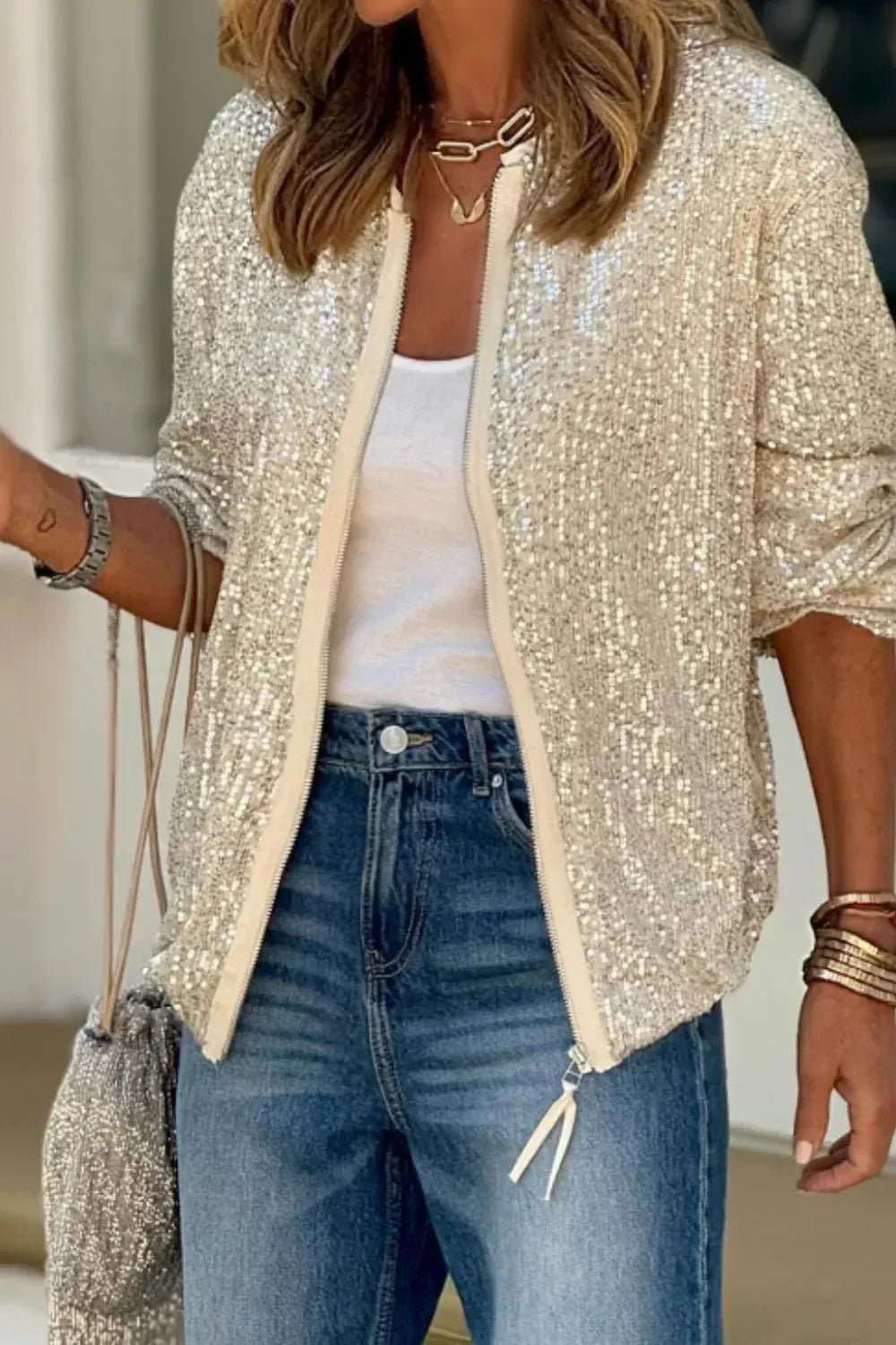 Sequin Zip Up Long Sleeve Jacket - DAVERRI FASHIONS