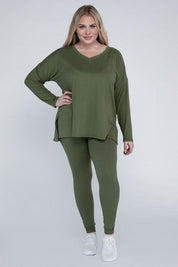 Zenana Plus Size Buttery Soft Loungewear Set LT OLIVE Pants Sets