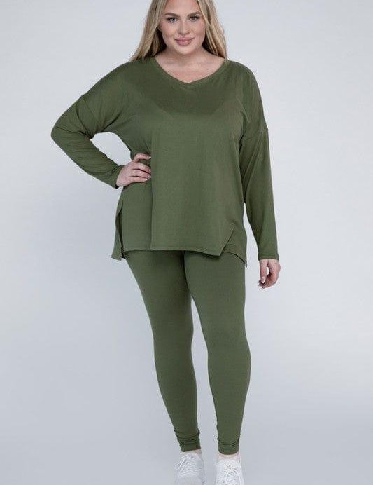 Zenana Plus Size Buttery Soft Loungewear Set LT OLIVE Pants Sets